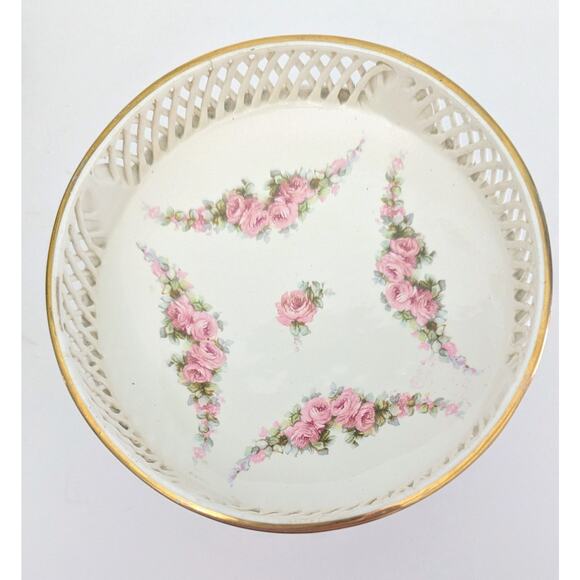 Max Roesler Reticulated Pink Roses Footed Gold Trim Pedestal Small Compote - Picture 2 of 6